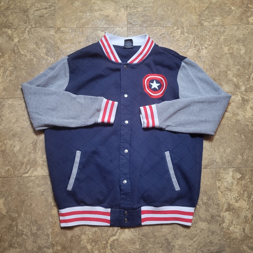 Marvel Captain America Knit Bomber Jacket Mens XL Blue Full Snap Long Sleeve